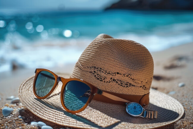 Straw hat, sunglasses and watch, placed on the beach.